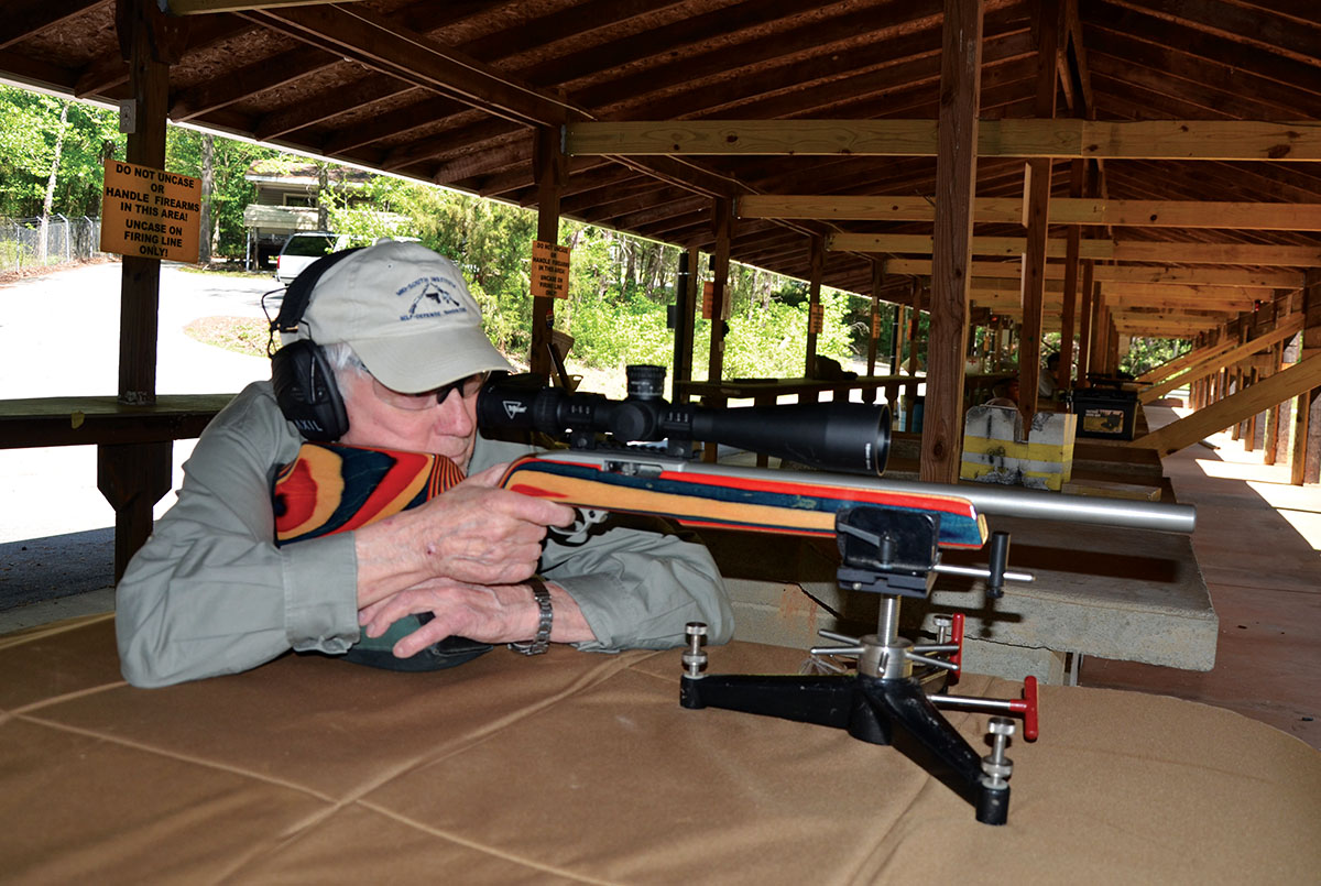 When building this super-accurate rifle around a Ruger 10/22 receiver, gunsmith Don Fraley bedded its heavy Lilja barrel in the entire length of the forearm of the laminated wood stock and free floated its action. The Bentz chamber of its barrel positions the bullet of a chambered round just shy of contact with the rifling.